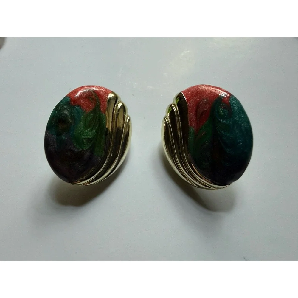 Vintage 80s Statement Tie Dye Necklace And Matching Earrings‎ Gold Tone Rainbow